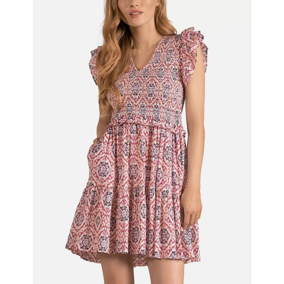 Elan Dresses & Skirts - ELAN WOMENS XSMALL RUFFLE SLEEVE MINI DRESS LAVENDER IKAT PRINT NEW